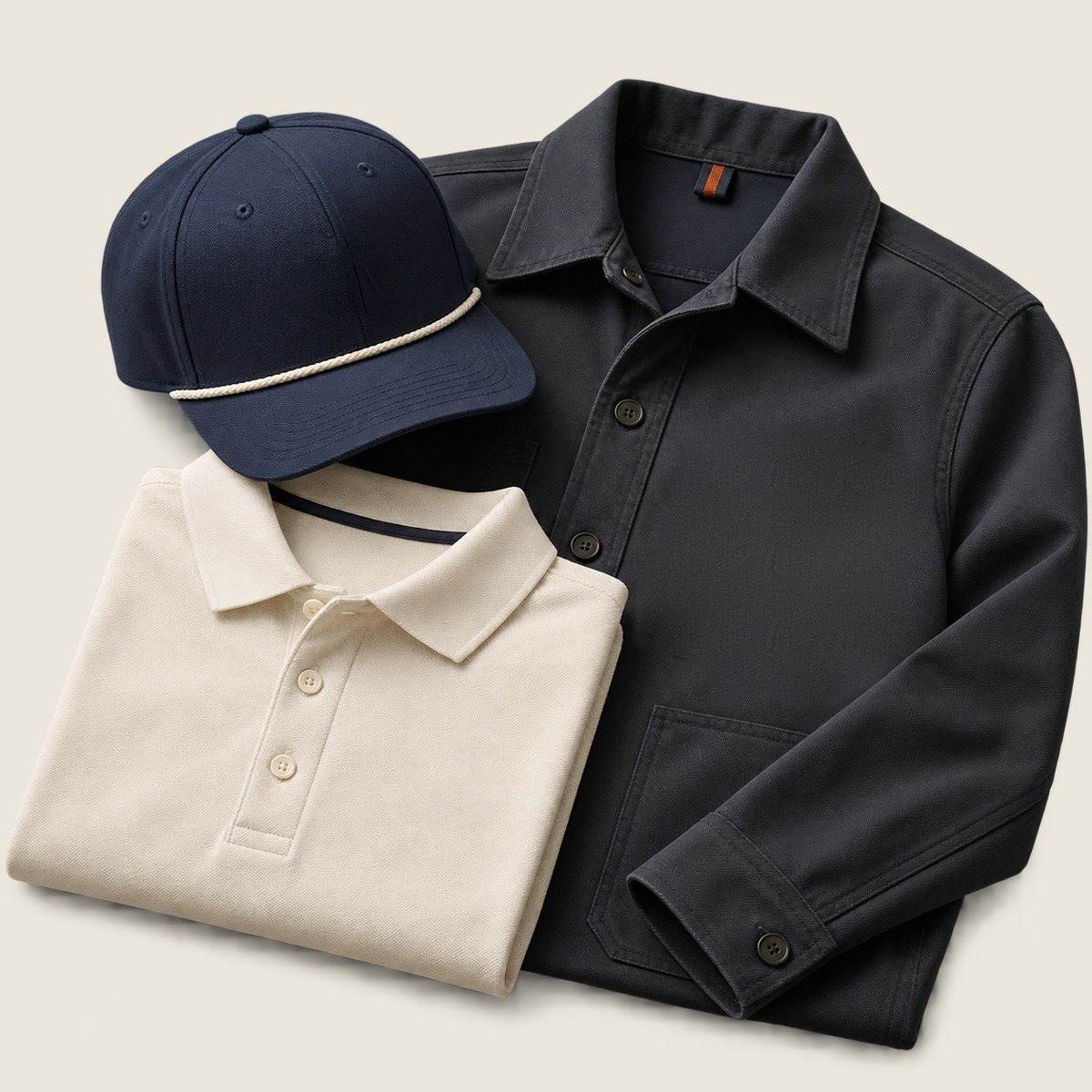 Navy cap, cream polo and charcoal overshirt: a team kit before embroidery